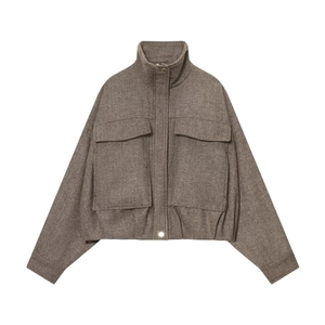 Women Herringbone Tweed Bomber Jacket Stand Collar Loose Fit Zipper Short Coat Retro Casual Streetwear Outerwear Pocket