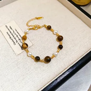 Vintage gold plated tiger eye and pearl beaded bracelet with adjustable chain