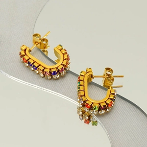 Chic 18K gold plated stainless steel C-shaped hoop earrings with colorful rainbow zircons