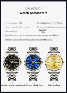 Close-up of quartz watch dial showing day-date display and bi-color steel band details