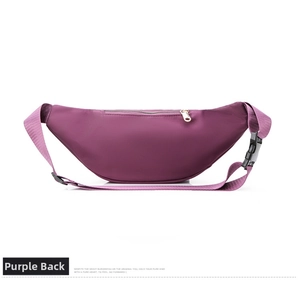 Rear view of purple canvas fanny pack with adjustable strap and metal back zipper pocket
