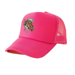 Pink trucker hat with money prayer hands print and breathable mesh for sun protection