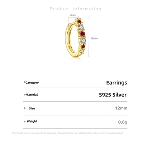 Detailed size measurement of gold S925 silver earrings with red and white zircons