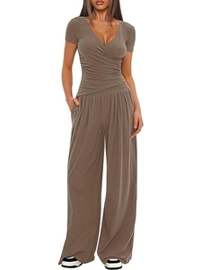 Women's brown V-neck short sleeve wide leg pants set casual two-piece outfit