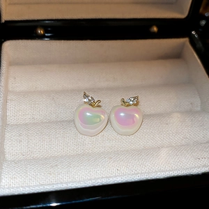Sparkling apple shaped stud earrings with crystals and pearl finish in a gift box
