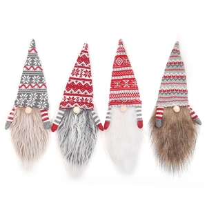 Set of 4 Christmas gnome wine bottle covers with knitted holiday patterns and faux fur