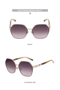 Front and side view of gold square sunglasses with gradient brown pink lenses