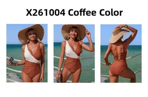 Three-way view of a brown and white one-piece swimsuit with mesh panels and starfish detail