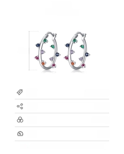 Detail view of 925 sterling silver hoop earrings with multicolored cubic zirconia stones