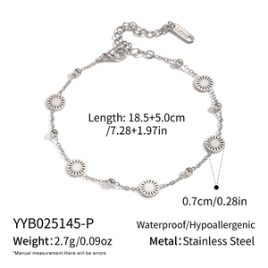 Detailed specs of stainless steel sun disc bracelet with adjustable 18.5+5cm chain
