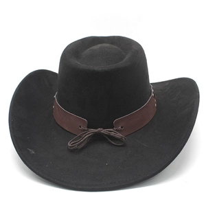 Close-up of black suede cowboy hat with brown faux leather band and metal rivets