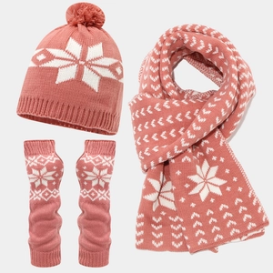 Winter Knit Beanie Hat Scarf And Fingerless Gloves Snowflake Pattern Jacquard Warm Outdoor Christmas For Women Men