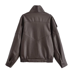 Deep brown faux leather jacket for women with high collar and loose fit shown from back view
