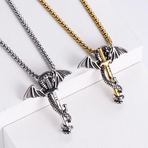 Gothic dragon and sword stainless steel necklaces in gold and silver finish