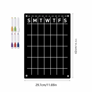Black acrylic magnetic monthly calendar planner for fridge with 6 colored markers