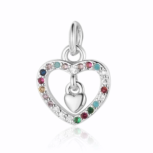 Detailed view of silver heart pendant with colorful gemstones and white zircon stones
