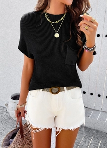 Detail of black ribbed knit short-sleeve top with front pocket and round neckline style