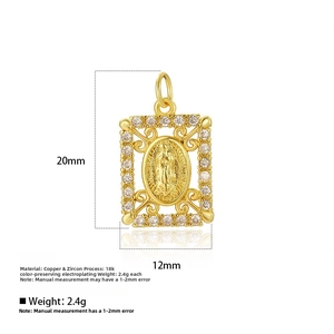 Detail view of 18k gold plated Virgin Mary pendant with cubic zirconia and dimensions