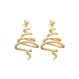 Minimalist gold-plated spiral Christmas tree stud earrings with sparkling star and zircons