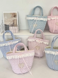 Kawaii Borsa A Mano Trapuntata Cuore Dolce Pizzo Fiocco Di Nastro Borsa Tote Grande Capacità Borsa Bento Per Donne Ragazze
