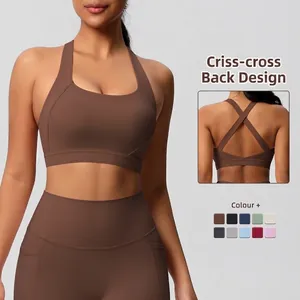 Soutien-gorge de Sport pour Femmes en Nylon Brossé Haute Élasticité Dos Croisé Pull-over Yoga Crop Top Fitness Gym