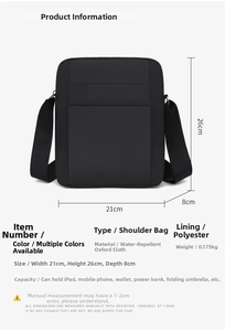 Detailed size specifications of the waterproof Oxford crossbody bag with 26x21x8cm dimensions