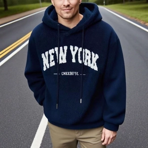Men's navy blue sherpa hoodie with New York Cheerful print in a relaxed outdoor style