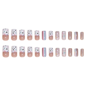 Press-on nails set with heart patterns, colorful stripes, and glitter for daily wear