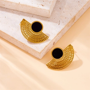 Fashionable gold-plated stainless steel hollow fan-shaped earrings with black circular accents