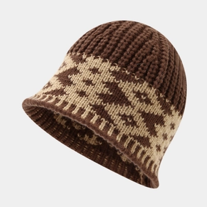 Close-up of geometric knit pattern on dark brown and beige warm winter hat