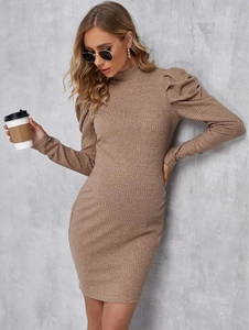 Slim fit high neck long sleeve knitted maternity mini dress with puff sleeves in brown
