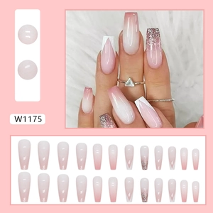 Pink gradient long coffin press-on nails with glitter accents and French V-tips set