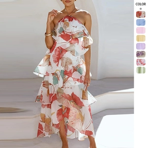 Elegant Halter Neck Maxi Dress Polyester Chiffon Tiered Ruffles Backless Summer Beach Vacation Sexy Dress For Women