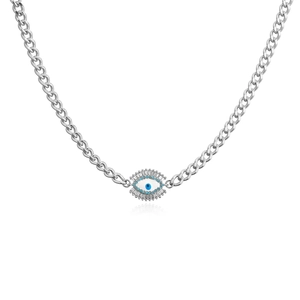 Silver Evil Eye necklace with blue enamel and cubic zirconia on a Cuban link chain