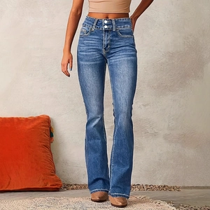 Vintage high waist flared jeans in washed blue denim with double button waist detail