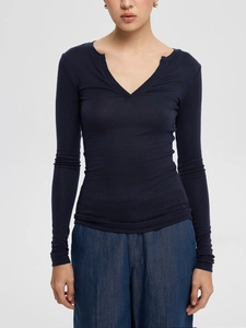 Detailed view of dark blue V-neck slim fit long sleeve knitted tee for women