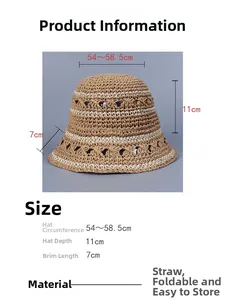 Detailed sizing chart for women's foldable striped straw sun hat with measurements