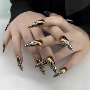 3D liquid metal stiletto press-on nails with silver gold gradient and flame texture