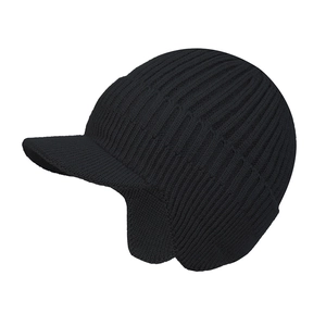 Detail of black winter knit hat featuring a protective brim and warm ear flaps design