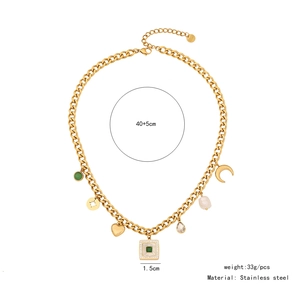 Detailed view of gold stainless steel multi-pendant necklace with measurement labels