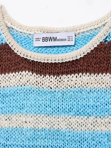 Close-up of the neckline and label on a striped knit sweater with blue and coffee tones
