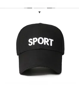 Close-up of black cotton baseball cap with white SPORT embroidery and curved brim