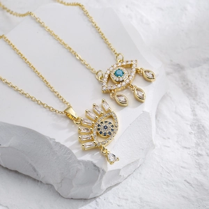 Evil Eye Pendant Necklace Copper 18K Gold Plated Zircon Cubic Zirconia Blue Teardrop Dainty Elegant Jewelry For Women