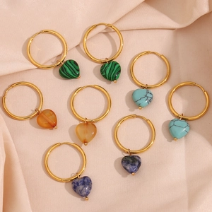 Stainless Steel Heart Natural Stone Hoop Earrings Fashion Gold Plated Malachite Agate Turquoise Drop Earrings Women Jewelry