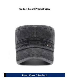 Front view of washed dark grey flat top cap with cotton texture and side leather detail