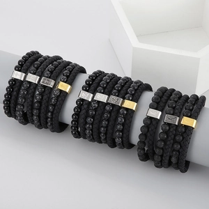 Men Double Layer Bracelet Stainless Steel Lava Stone Turquoise Braided Leather Rope Magnetic Clasp Retro Religious Style