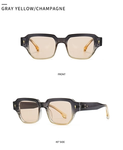 Front and 45-degree side view of vintage square sunglasses in gray-champagne gradient