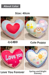Detail view of 40cm heart-shaped plush pillows in various cute cartoon pattern designs