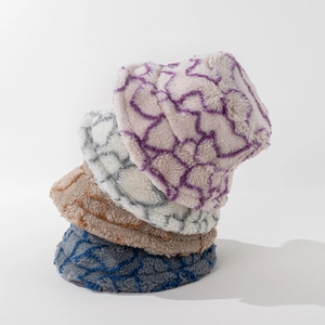Striped lamb wool bucket hats for winter in multiple colors stacked vertically