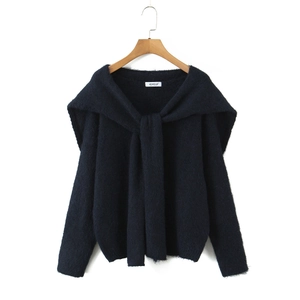 Navy blue fuzzy knit sweater set with stylish shawl collar and tie-front design